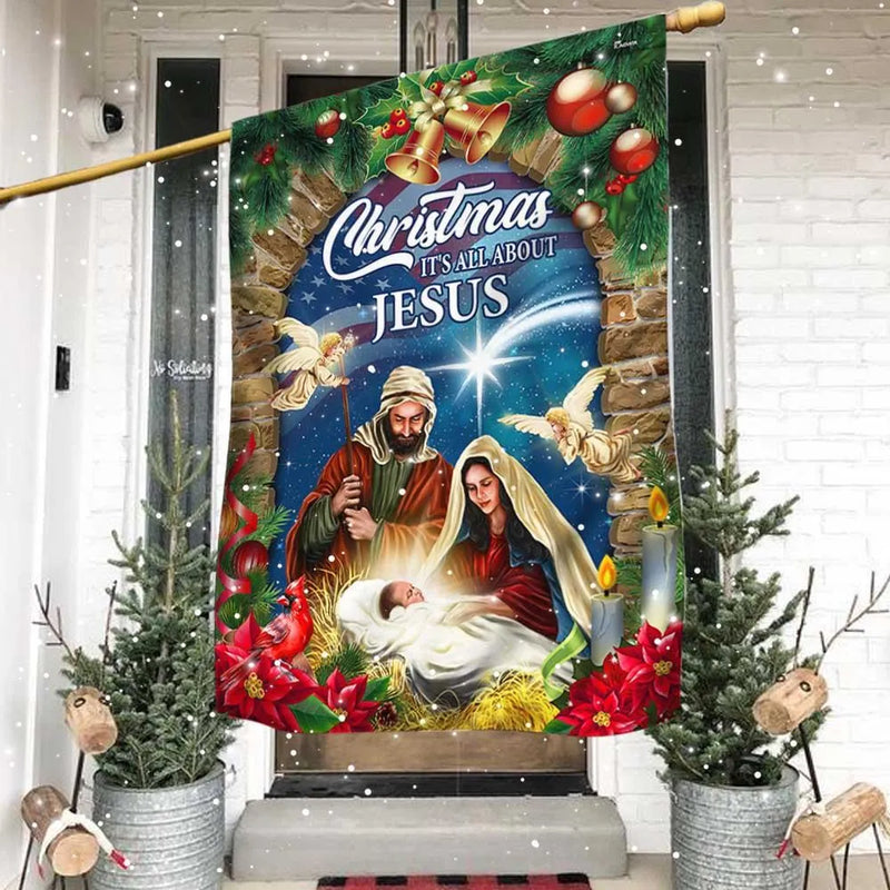 Its All About Jesus Religious Yard Flag, Nativity Scene Christmas Garden Flag, Double Sided Holy Family Lawn Flag, Holiday Faith Lawn Decor