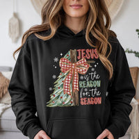 Christian Christmas Hooded Sweatshirt, Jesus Is the Reason for the Season Hoodie, Plaid Bow Cross Pullover Hoodie, Religious Holiday Present