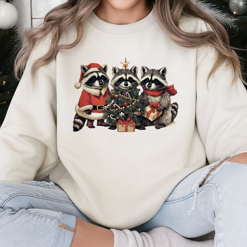 Festive Woodland Animal Holiday Sweater, Adorable Raccoon Christmas Sweatshirt, Comfy Trash Panda Xmas Pullover, Retro Winter Nature Crewneck