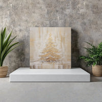 Neutral Farmhouse Pine Painting Print, Rustic Golden Snowy Christmas Tree Canvas Wall Art, Winter Holiday Decor, Digital Download Art