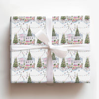 Watercolor Ice Skating Rink Gift Wrap, Christmas Village Wrapping Paper, Winter Wonderland Wrapping Paper Roll, Holiday Present Decor Wrap