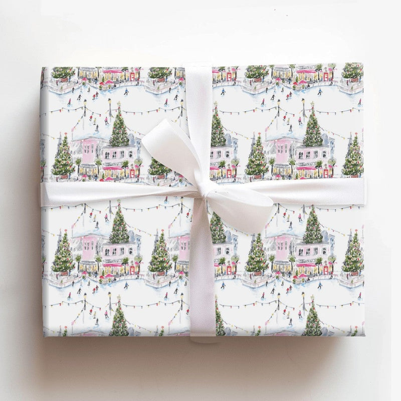 Watercolor Ice Skating Rink Gift Wrap, Christmas Village Wrapping Paper, Winter Wonderland Wrapping Paper Roll, Holiday Present Decor Wrap