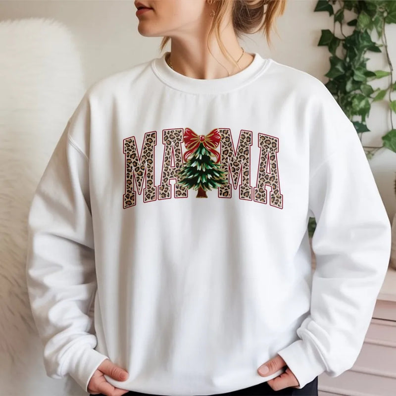 Christmas Tree Bow Sweatshirt, Mama Leopard Print Sweatshirt, Mama Christmas Sweatshirt, Holiday Graphic Crewneck, Xmas Present for Mom