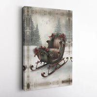 Snowy Forest Winter Landscape Wall Art, Vintage Christmas Sleigh Canvas Print, Rustic Holiday Wall Decor, Farmhouse Xmas Season Present