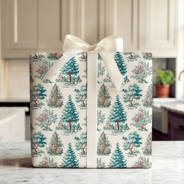 Vintage Scenic Evergreen Gift Wrap, Christmas Toile Wrapping Paper, Cabin Winter Tree Wrapping Paper, Holiday Elegant Present