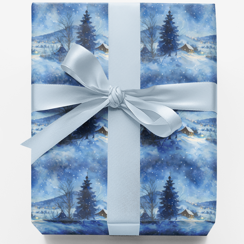 Snowy Cabin Winter Landscape Gift Wrap, Silent Snowfall Wrapping Paper, Pine Forest Christmas Wrapping Paper, Comfy Holiday Gift Wrap