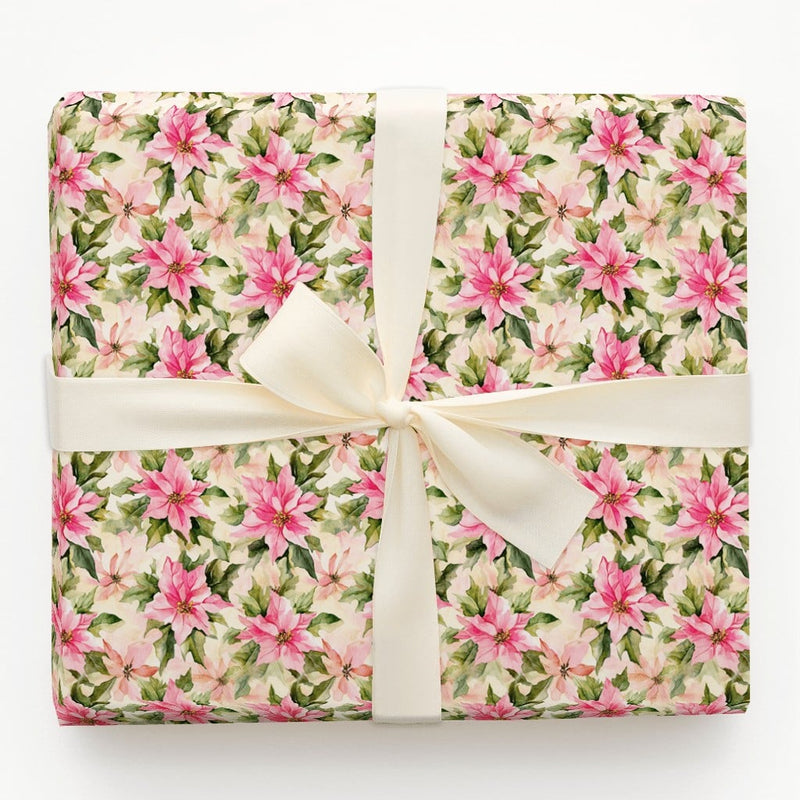 Watercolor Christmas Wrapping Paper, Pink Poinsettia Wrapping Paper, Floral Holiday Gift Wrap, Winter Botanical Paper, Elegant Present Wrap