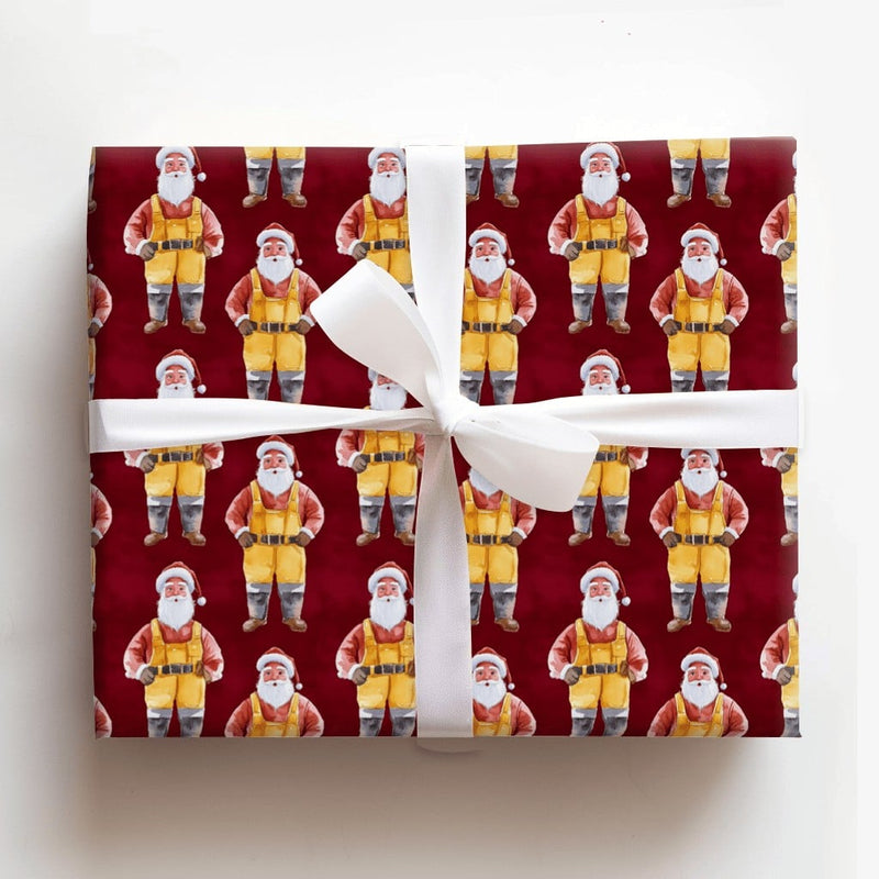 Whimsical Santa Claus Gift Wrap, Yellow Overalls Santa Wrapping Paper, Red Background Christmas Wrapping Paper, Holiday Present Paper Roll