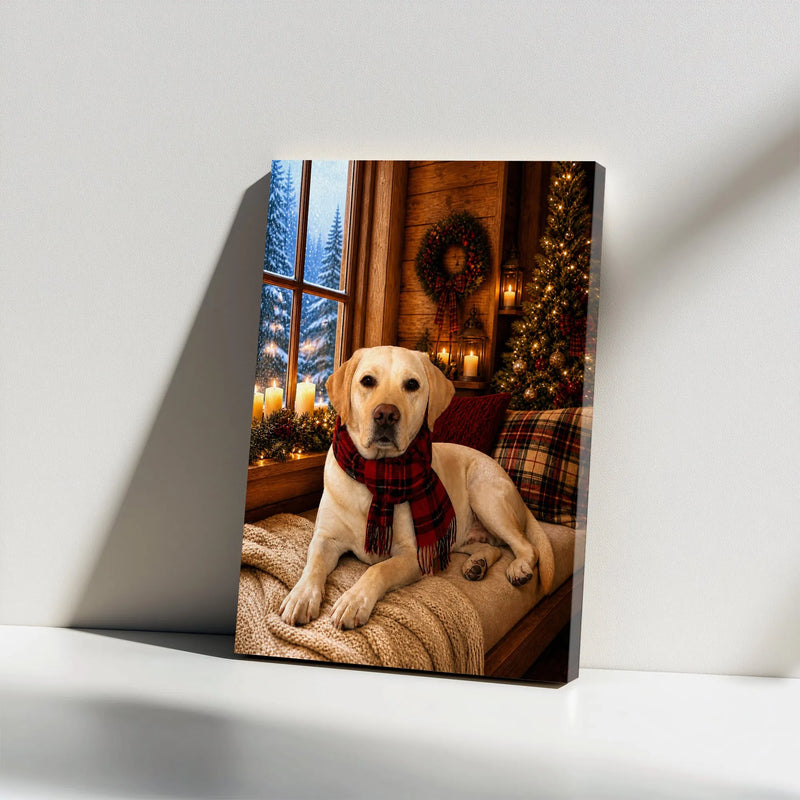Plaid Scarf Dog Canvas Print, Yellow Labrador Christmas Canvas Art, Comfy Cabin Winter Wall Decor, Lab Dog Lover Holiday Present