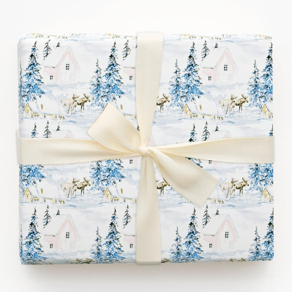 Snowy Cabin Wrapping Paper, Watercolor Moose Gift Wrap, Winter Wildlife Gift Wrapping Paper, Rustic Holiday Present Wrap, Chr