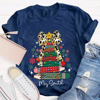 Bow and Colored Pencil Holiday Graphic Tee, Personalized Christmas Tree T-Shirt, Custom Teacher Christmas Shirt, Adorable School Holiday Tee