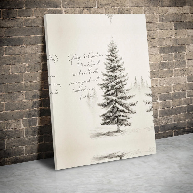 Glory to God Pine Tree Canvas Print, Luke 2 14 Scripture Canvas Wall Art, Christian Christmas Wall Art, Bible Verse Canvas Home Decor