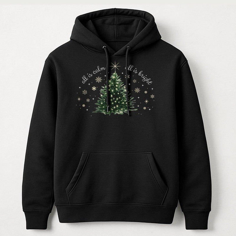 Minimalist Christmas Tree Hooded Sweatshirt, All Is Calm All Is Bright Hoodie, Comfy Holiday Pullover, Winter Graphic Hoodie Present for Women