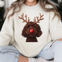 Humorous Christmas Dog Crewneck, Chocolate Doodle Reindeer Sweatshirt, Goldendoodle Holiday Pullover, Pet Lover Xmas Sweater, Dog Mom Present