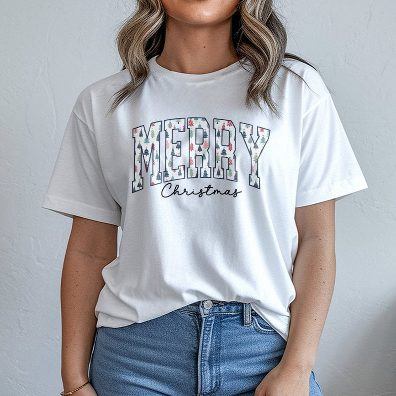 Varsity Letter Tree T-Shirt, Merry Christmas T-Shirt, Vintage Christmas Graphic Tee, Festive Holiday Season Shirt, Christmas Present for Women