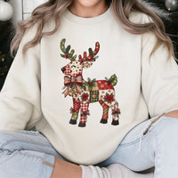 Floral Reindeer Shirt, Patchwork Reindeer Sweatshirt, Festive Christmas Reindeer Sweater, Comfy Holiday Crewneck Sweatshirt, Present for Her