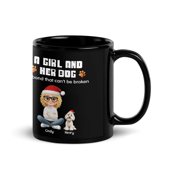 Personalized Holiday Pet Lover Mug, A Girl and Her Dog Ceramic Mug, Custom Cartoon Puppy Coffee Cup, Winter Christmas Present