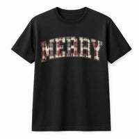 Plaid Collegiate Graphic Shirt, Merry Christmas T-Shirt, Retro Holiday Graphic Tee, Festive Xmas Typography T-Shirt, Winter Graphic Tee