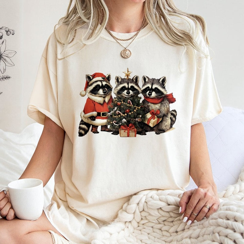 Adorable Woodland Animal Santa Hat Shirt, Raccoon Christmas T-Shirt, Humorous Raccoon Holiday Graphic Tee, Festive Animal Lover Present