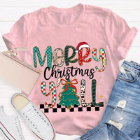 Colorful Christmas Tree Typography Tee, Merry Christmas Y'all Shirt, Southern Holiday Graphic T-Shirt, Family Xmas Apparel Present