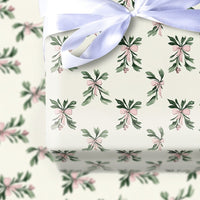 Pink Bow Gift Wrap, Watercolor Mistletoe Wrapping Paper, Holiday Botanical Wrapping Paper, Elegant Winter Christmas Gift Wrapping Paper