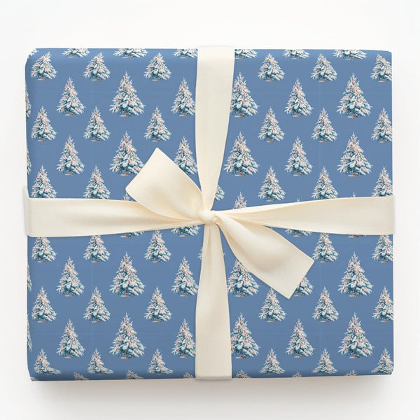 Dusty Blue Winter Gift Wrap, Snowy Christmas Tree Wrapping Paper, Realistic Pine Tree Wrapping Paper, Forest Holiday Gift Wra
