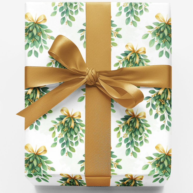 Botanical Gold Bow Gift Wrap Paper, Mistletoe Christmas Wrapping Paper, Elegant Holiday Wrapping Paper Roll, Xmas Present Gift Wrap