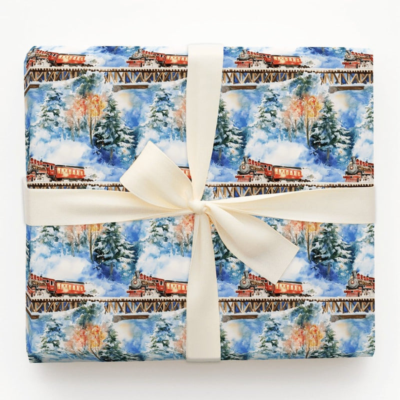Red Locomotive Gift Wrap, Watercolor Christmas Train Wrapping Paper, Snowy Bridge Winter Paper Roll, Holiday Gift Wrap, Train Lover Paper