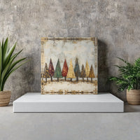 Gold Leaf Textured Forest Canvas Print, Rustic Christmas Trees Square Canvas, Holiday Pine Tree Canvas Wall Art, Winter Festive Home Decor
