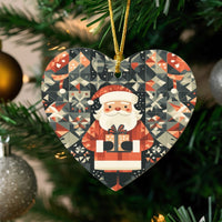 Patchwork Snowflake Christmas Ornament, Geometric Santa Heart Ornament, Ceramic Winter Holiday Tree Decor, Seasonal Family Keepsake