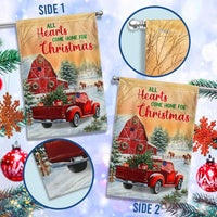 Red Truck Barn Holiday Flag, Farmhouse Christmas Garden Flag, All Hearts Come Home Winter Flag, Rustic Americana Yard Flag Decor