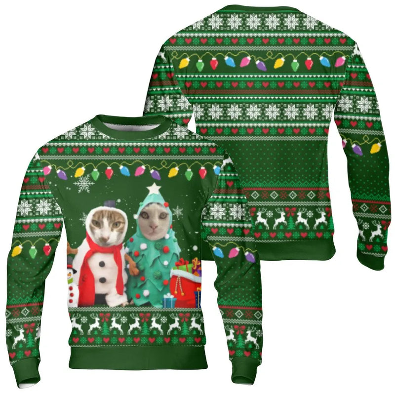 Snowman Tree Costume Kitten Pullover, Cat Ugly Christmas Sweatshirt, Humorous Feline Holiday Crewneck, Adorable Xmas Animal Lover Sweatshirt