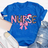 Nurse Christmas Shirt, School Nurse Santa Hat Pink Bow Shirt, Festive Holiday Medical Tee, Adorable Coquette Nurse Graphic Shirt