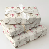 Pink Bow and Berry Branch Gift Wrap, Watercolor Reindeer Wrapping Paper, Rustic Holiday Deer Wrapping Paper, Elegant Christmas Gift Wrap