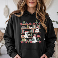 Adorable Spooky Bookish Holiday Hooded Sweatshirt, Christmas Ghost Bookshelf Hoodie, Reading Ghost Library Pullover, Book Lover Comfy Sweater