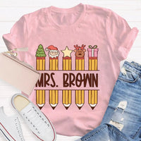 Custom Name Holiday Graphic Tee, Personalized Christmas Pencil Shirt, Adorable Teacher Christmas T-Shirt, Back to School Xmas Season Present