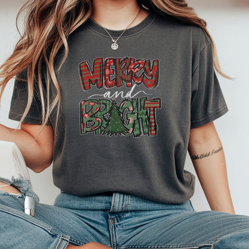 Plaid Tree Holiday Shirt, Merry and Bright Christmas T-Shirt, Festive Graphic Tee, Adorable Xmas Tree T-Shirt, Winter Holiday Apparel