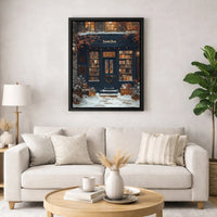 Snowy Winter Shop Canvas Print, Christmas Bookstore Canvas Wall Art, Comfy Holiday Bookshop Wall Decor, Festive Winter Canvas, Bookish Present