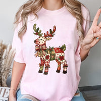 Patchwork Reindeer Shirt, Christmas Reindeer T-Shirt, Festive Holiday Graphic Tee, Adorable Reindeer T-Shirt, Xmas Family Present for Women
