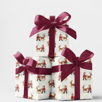 Christmas Holiday Gift Wrap, Watercolor Santa and Reindeer Wrapping Paper, Adorable Xmas Pattern Wrapping Paper, Winter Present Wrap Paper Roll
