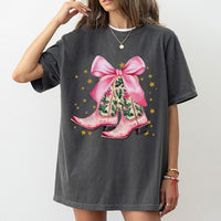 Western Holiday T-Shirt, Pink Cowboy Boots Christmas Shirt, Adorable Bow Graphic Tee, Country Cowgirl Christmas Shirt