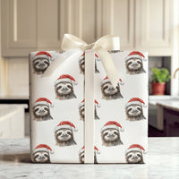 Watercolor Sloth Gift Wrap, Christmas Sloth Wrapping Paper, Adorable Santa Hat Sloth Holiday Paper, Animal Lover Xmas Gift Wrapping Paper