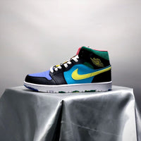 Mid Top Sneakers, Blue Yellow Black Colorway, Mismatched Colorway, Lace Up Design, Casual Gift for Sneaker Fans
