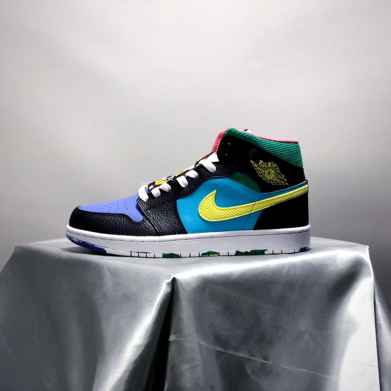 Mid Top Sneakers, Blue Yellow Black Colorway, Mismatched Colorway, Lace Up Design, Casual Gift for Sneaker Fans