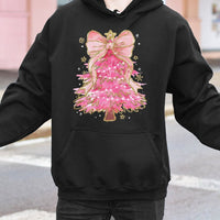 Coquette Bow Aesthetic Holiday Sweatshirt, Pink Christmas Tree Hoodie, Adorable Xmas Tree Graphic Hoodie, Trendy Winter Holiday Hoodie Present