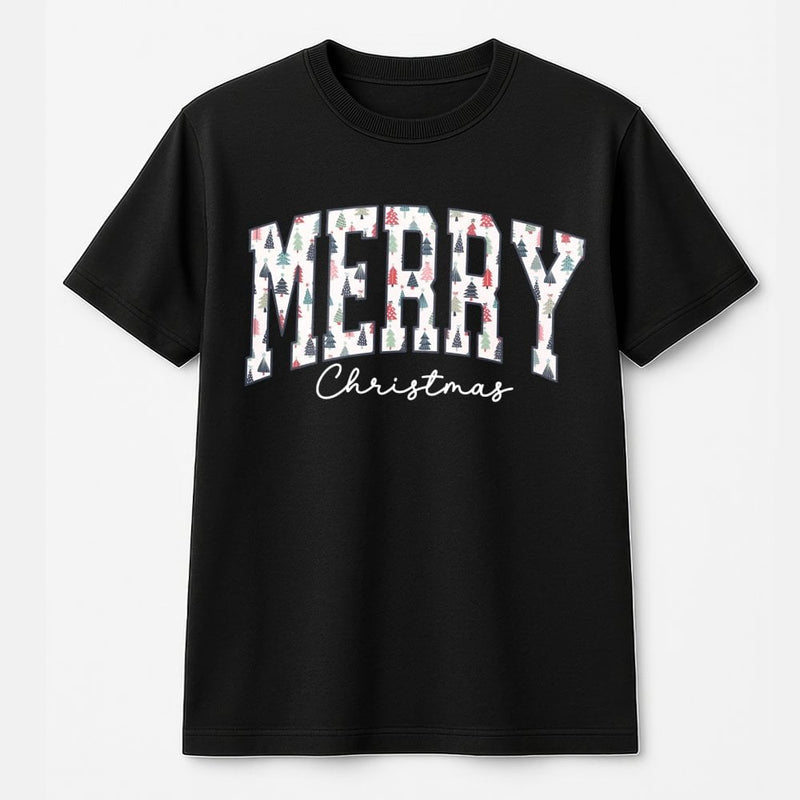 Varsity Holiday Tree Pattern Shirt, Merry Christmas T-Shirt, Festive Christmas Graphic T-Shirt, Adorable Xmas Tee, Holiday Season Present