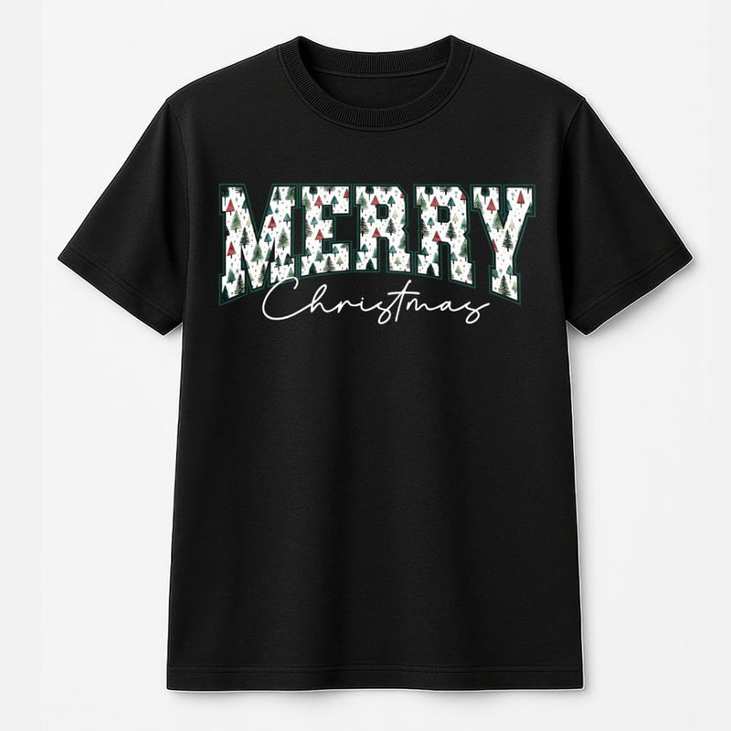 Vintage Pine Forest Holiday Shirt, Retro Varsity Christmas Tree T-Shirt, Merry Christmas Graphic Tee, Festive Winter Nature Shirt for Women