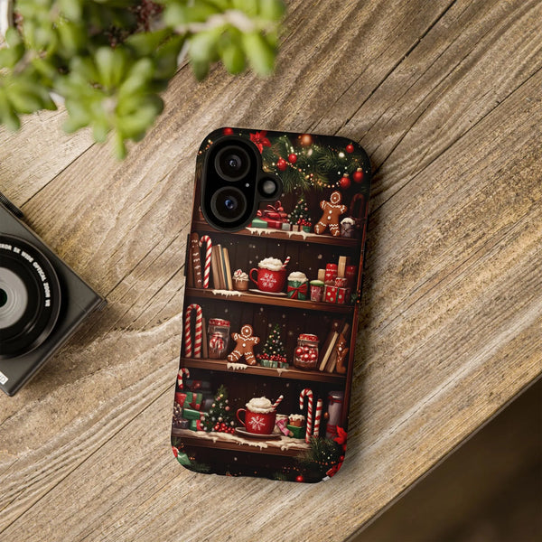 Comfy Gingerbread Hot Cocoa Holiday iPhone Case, Christmas Bookshelf Phone Case, Candy Cane Winter Phone Cover, Bookish Prese