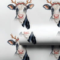 Watercolor Reindeer Antlers Gift Wrap, Christmas Cow Wrapping Paper, Farmhouse Holiday Wrapping Paper, Rustic Xmas Gift Wrap Roll