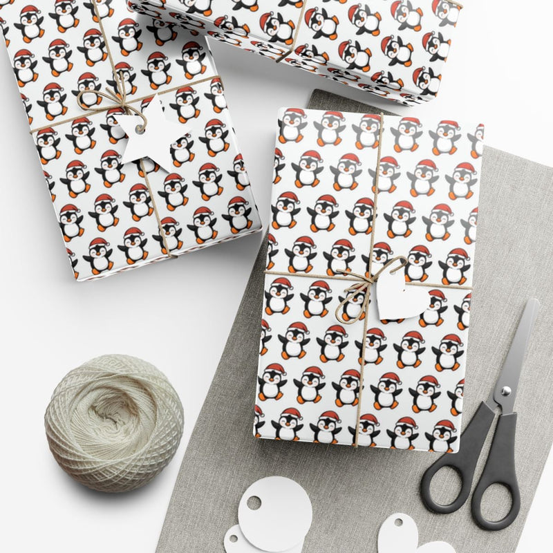 Festive Winter Penguin Gift Wrap, Santa Hat Penguin Wrapping Paper, Christmas Penguin Wrapping Paper, Adorable Kids Holiday Gift Wrap